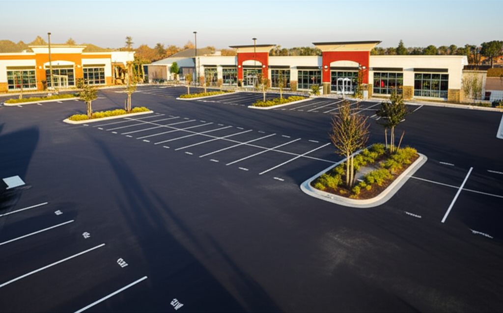 Beautiful parking lot at strip plaza with professional striping